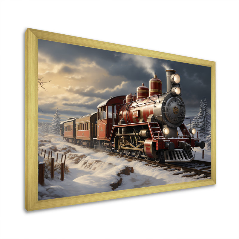 Train de Noël campagne d'hiver - train, art mural, Cadre doré à coins fermés, H 24 po x l 32 po x P 1 po