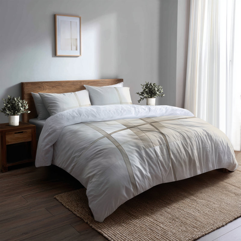 Neutral Grid Balance 3 Pcs Bedding Set - Beige Geometric Duvet Cover With Shams, King Duvet Cover + 2 Standard Shams