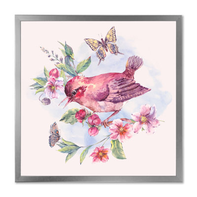 Oiseau rose sur une branche en fleurs - Peinture sur toile