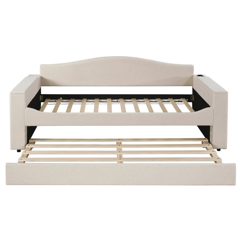 Lit de jour rembourré avec compartiments de rangement et lit gigogne portatif, ensemble de configuration audio, rangement moderne, encastré