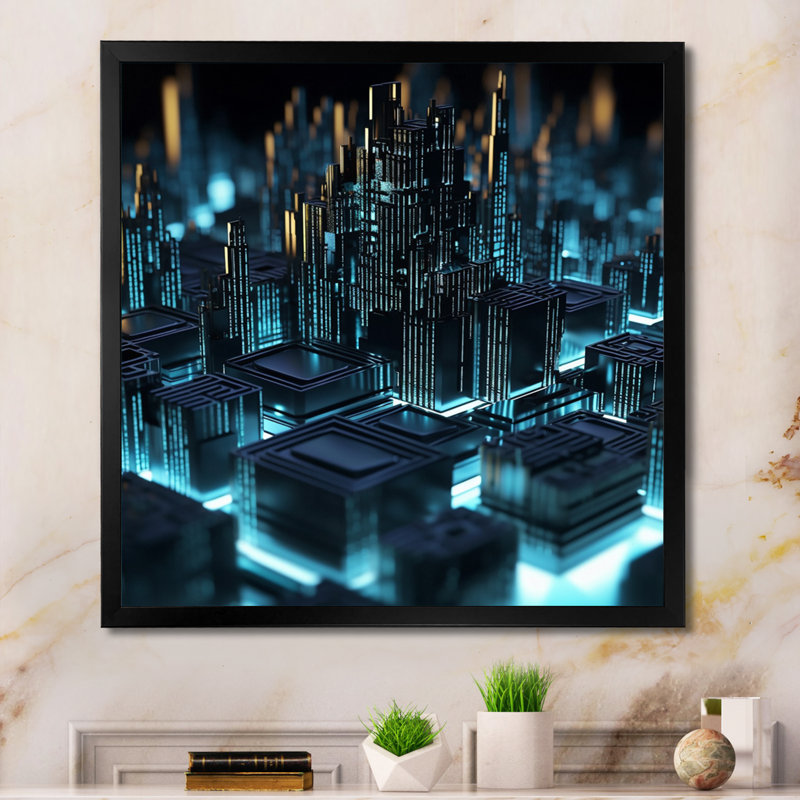 «3D Cityscape Futur Architecture Turquoise I» sur toile, Cadre simple noir, H 24 po x l 24 po x P 1 po