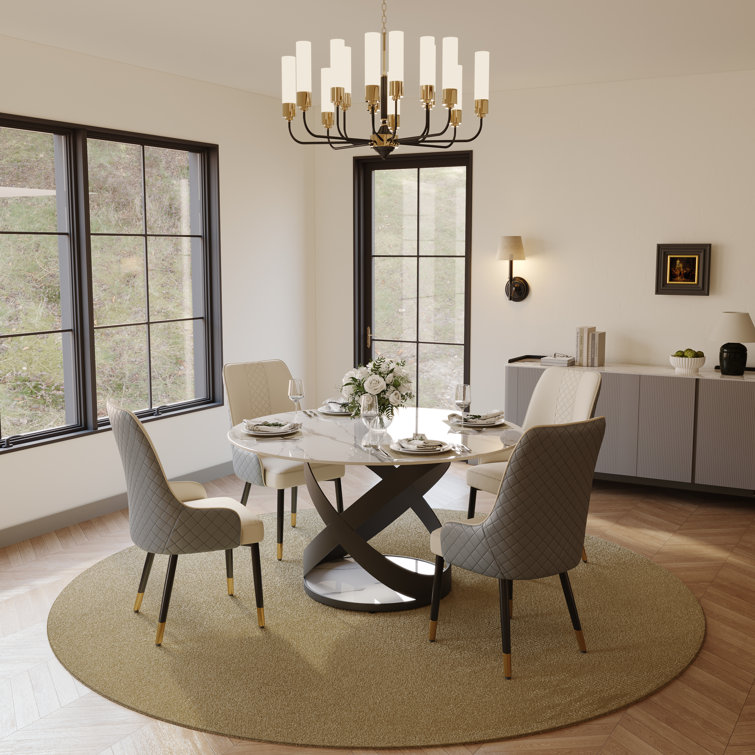 Modern Round Dining Table for 4-6 with Sintered Stone Tabletop, X Carbon Steel Base Pre-Assembly