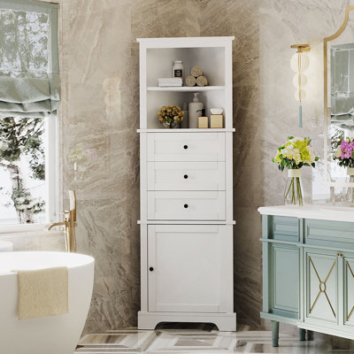 Triangle Tall Cabinet with 3 Drawers and Adjustable Shelves for Bathroom, Kitchen or Living Room, MDF Board with Painted Finish