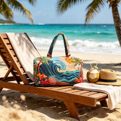 Pochette de poitrine en tissu, sac de voyage hawaïen matelassé à imprimé palmiers et vagues tropicales, idéal pour les vacances et la salle de sport.