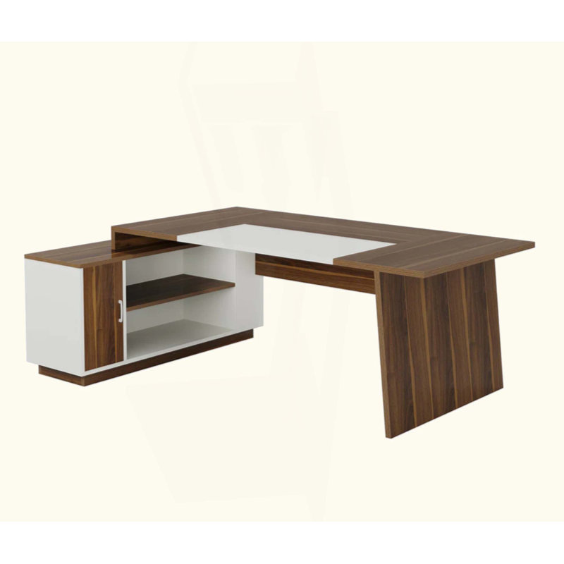 Bureau de direction en L avec armoire de rangement et tablettes, grand poste de travail moderne de style Mid-Century pour le bureau à domicile