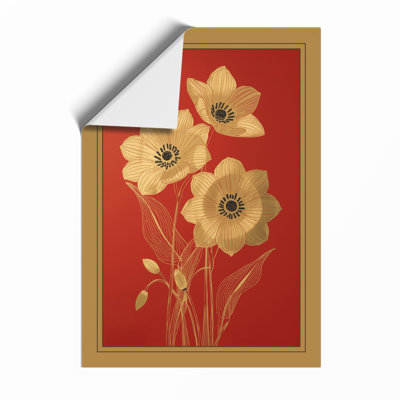 Pale Blooms On Red Botanical - Print