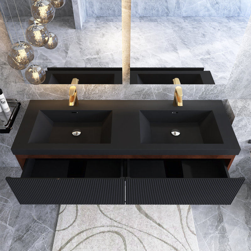 Modern Wall Mounted Striped Bathroom Vanity With Sink And Soft-Close Drawer, 59"