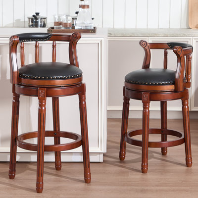 Swivel Bar Stool with Top-Grain Leather Seat, Hollow Back Design, Solid Wood Frame & Footrest for Kitchen, Dining, or Living Room