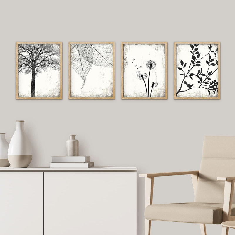 " Black And White Forest Tree Leaf Dandelion " 4 - Pieces, Natural, 14" H x 11" W