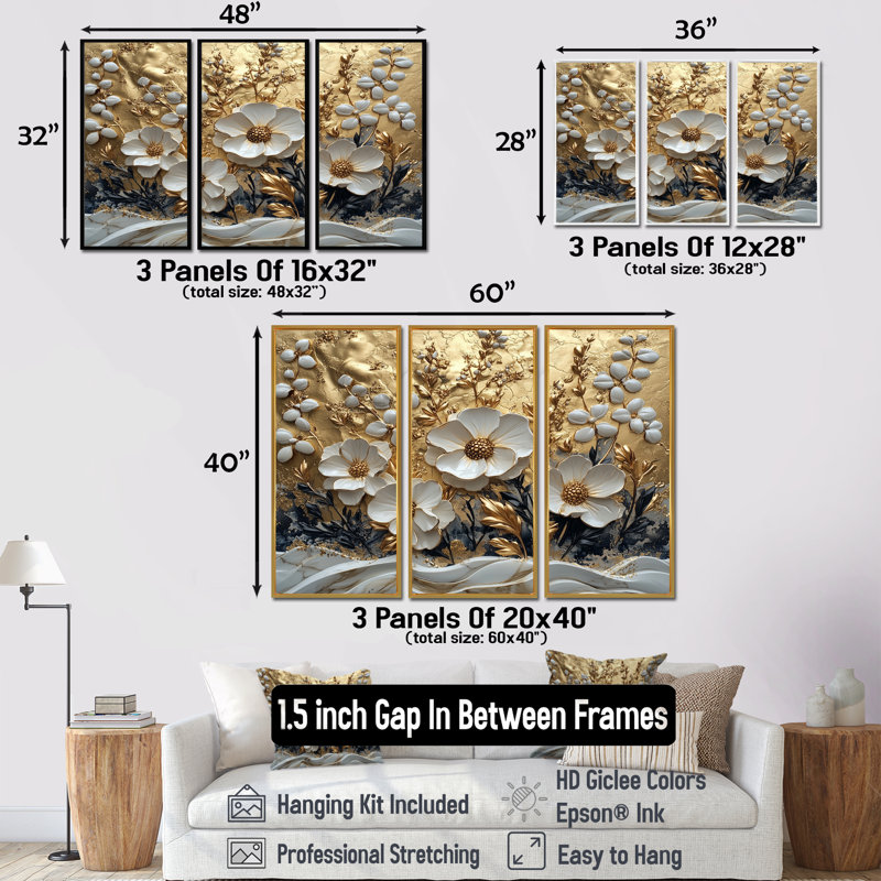 Fleurs blanches et dorées «Wildflowers» - art mural fleurs sauvages - ensemble de 3, H 28 po x l 36 po, Noir