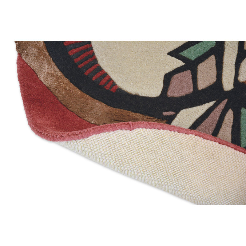 Hand Tufted Abstract Area Rug in Red/Black/Green/Beige, Round 6'7"