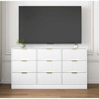 Commode 63 po en bois à 9 tiroirs avec panneaux ondulés 63 po, grande commode profonde pour le rangement du couloir de la chambre à coucher