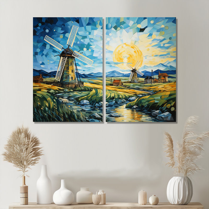 «Blue Calm Windmill Meadows», art mural industriel, Wrapped Canvas, Does Not Apply, 36" H x 48" W