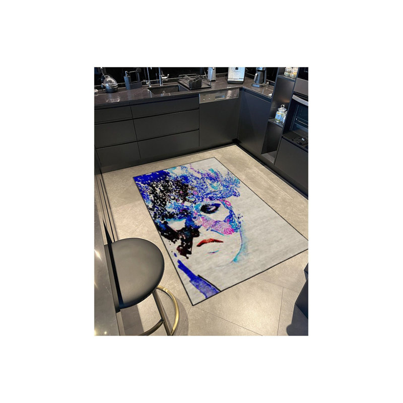 Tapis décoratif moderne bleu à motif lavable à la machine, Rectangle 3 pi 11 po x 5 pi 11 po