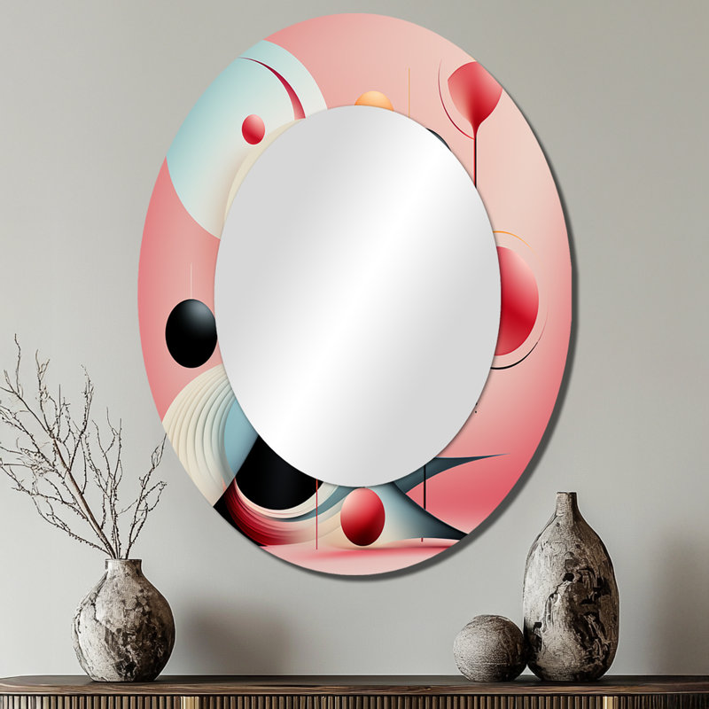 Happy Flowers of Rhythm In Pink And Blue - Modern Oval Wall Mirror, 40" x 30"
