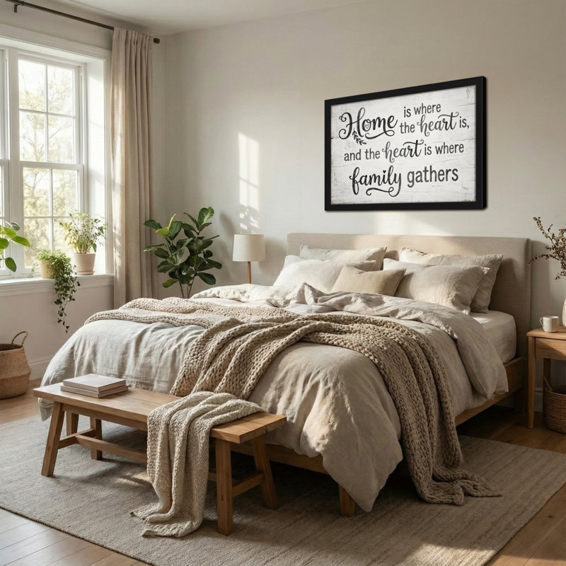 Texte et chiffres «Home Is Where The Heart Is» et «The Heart Is Where Family Gathers», H 20 po x l 30 po
