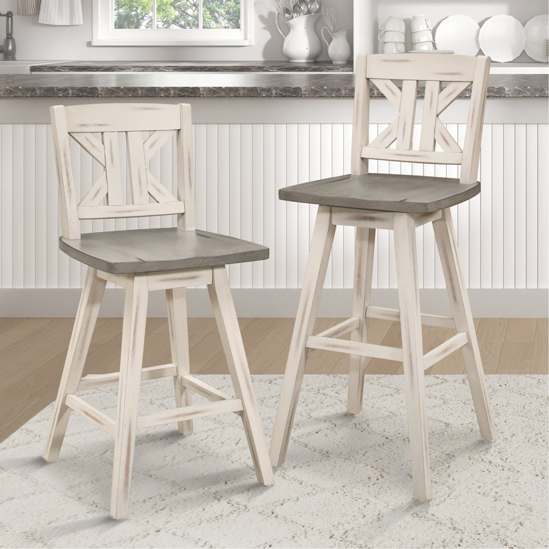 2 chaises pivotantes à hauteur de comptoir, blanc et gris, bois massif, divisées, aspect rustique pour la salle à manger, 2 chaises de 250 lb, fabrication en bois d'hévéa, aspect de pièce, pivot à 360 degrés, capacité