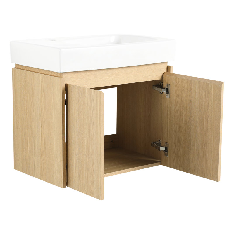 Meuble-lavabo de salle de bain 24 po avec lavabo en céramique mural 24 po, armoire de rangement en bois à double porte, chêne contemporain 24 po pour salle de bain,