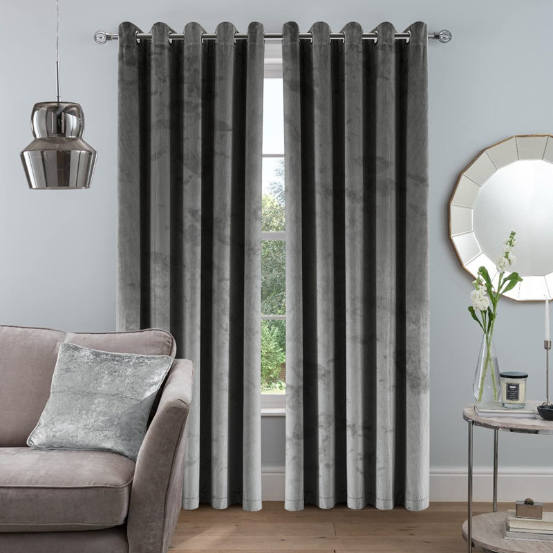 Safia 100% Crushed Velvet Eyelet Sheer Window Curtains, 117 W x 137 D cm, Grey