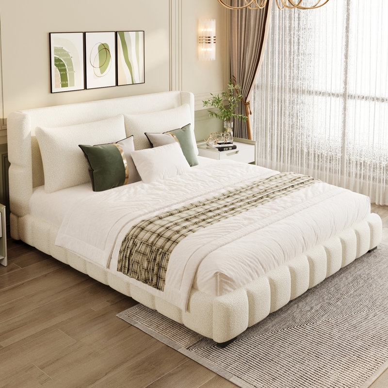 Lit plateforme tapissier avec 2 coussins, Blanc, Très grand lit