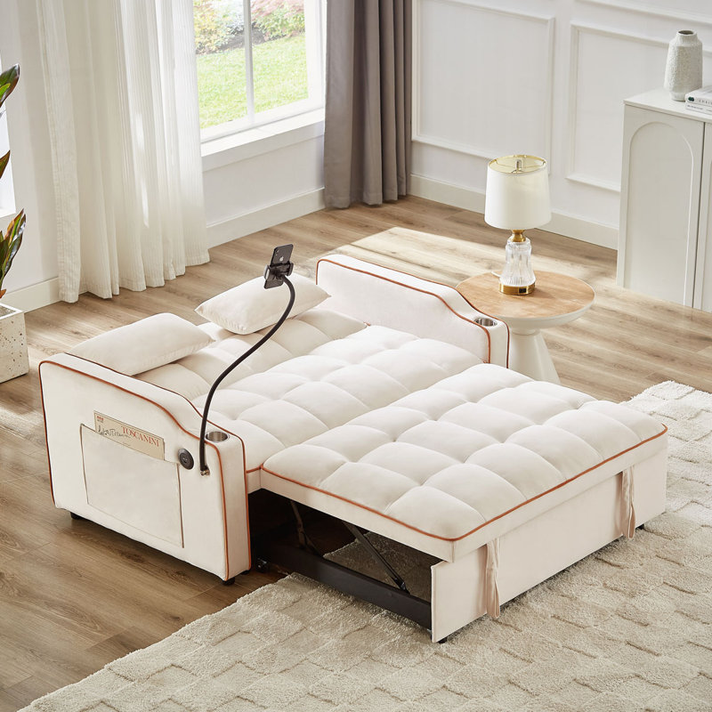 Canapé-lit coulissant, dossier réglable et avec port USB, Velours beige