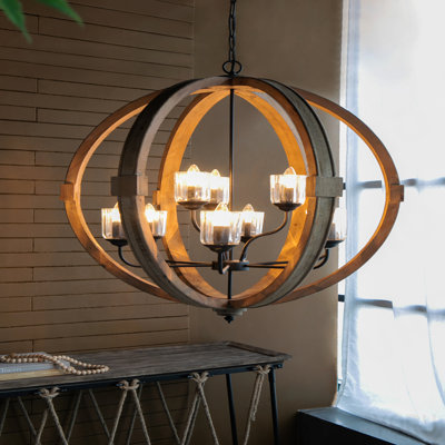Lustre en forme de globe à 9 lumières, lustre en bois avec chaîne réglable pour le vestibule de la salle à manger de la cuisine, ampoule non incluse