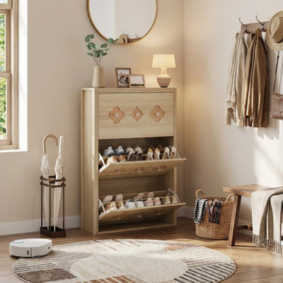Armoire à chaussures 3 tiroirs à devant rabattable, rangement pour chaussures autoportant mince en bois avec compartiments cachés pour le vestibule et le couloir