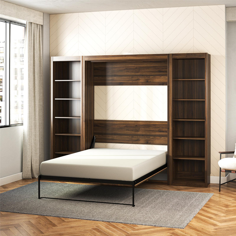 Wexford Murphy Bed with Side Storage Bookcases, Full, Ivory Oak