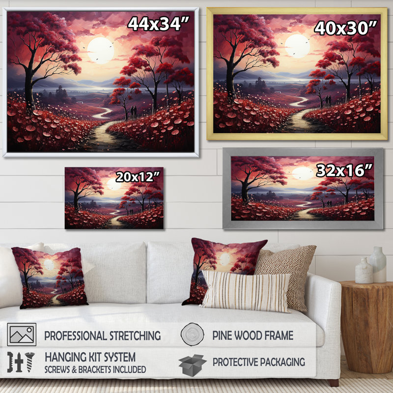«Pink Crimson Floweret Garden Serenade», reproduction sur toile, Cadre flottant noir, 12" H x 20" W
