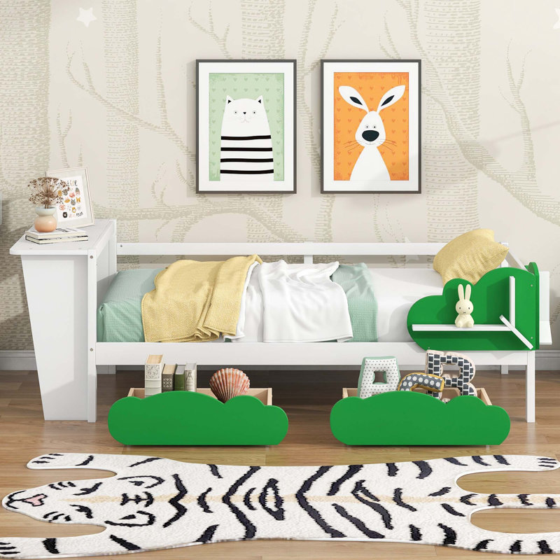 Lit de jour avec bureau, tiroirs et tablettes en forme de feuille verte, Blanc