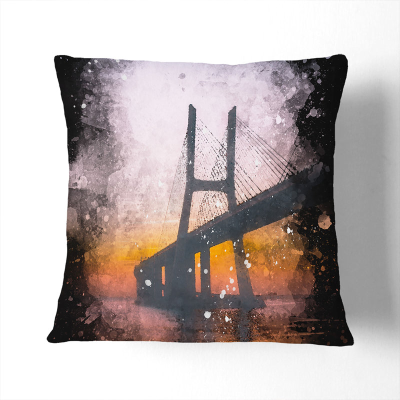 Vasco Da Gama Bridge in Portugal Abstract Cushion with Filling, White, 55cm H x 55cm W x 20cm D