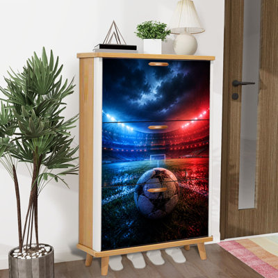 Shoe Storage Cabinet with 3 Flip Drawers for Vertical 3D render soccer stadium soccer ball resting center brightly Shoe Rack Storage Organizer