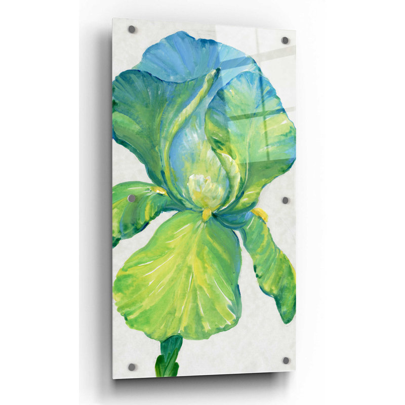 Green and Blue Iris Bloom Acrylic Wall Art, 12" x 24"