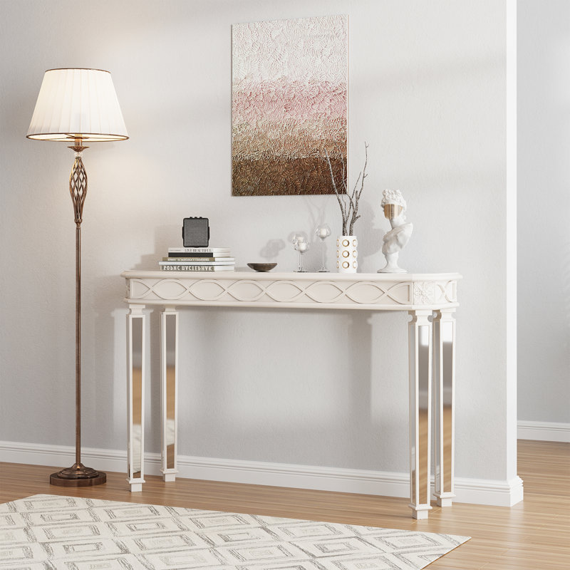 Console Mid-Century avec miroir en bois massif, Beige