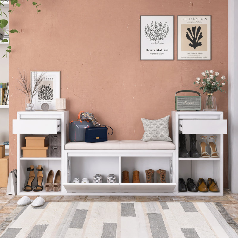 77.5" Width Shoe Storage Bench with Cushion for Entryway/Hallway/Mudroom/Living Room, White