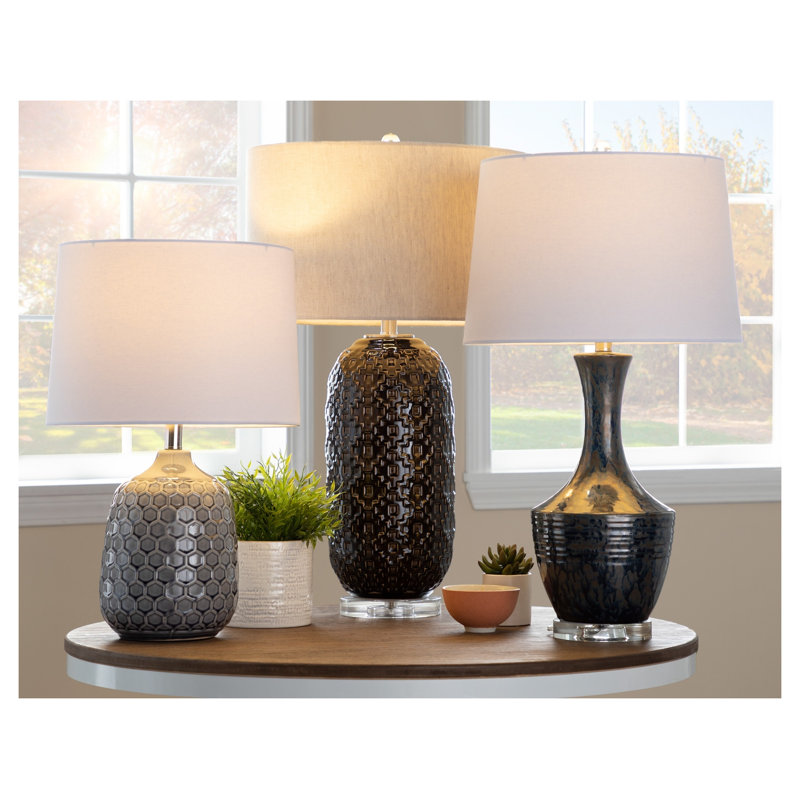 Lampe de table 30 po contemporaine en céramique craquelée gris foncé avec base en cristal transparent et abat-jour tambour en lin