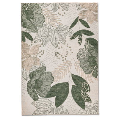 Tapis d'extérieur à motif floral vert / ivoire de 5 pi x 7 pi (5 pi 3 po x 7 pi 3 po), tapis moderne, à poils courts et résistant aux taches
