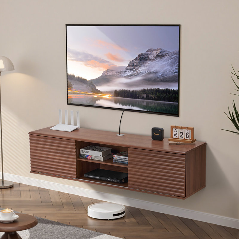 Floating TV Stand, 60" Wall Mount Entertainment Center with Adjustable Shelf & Sliding Doors, 2 Tiers Floating TV Shelf with Storage Cabinet for DVD Player, Cable Box, Game Console, Walnut