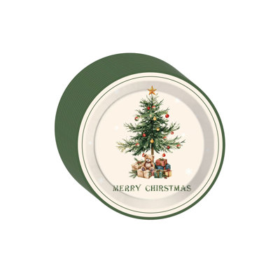Christmas Decorations 16pcs Christmas Paper Tray Disposable Christmas Tree Pattern Circular Plates Used for Christmas and Birthday Party Table Decorations 7in