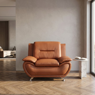 Modern Brown Faux Leather Accent Armchair – Ergonomic Single Sofa Chair with High-Density Foam, Padded Armrests & Chrome Metal Legs for Living Room, Bedroom & Office