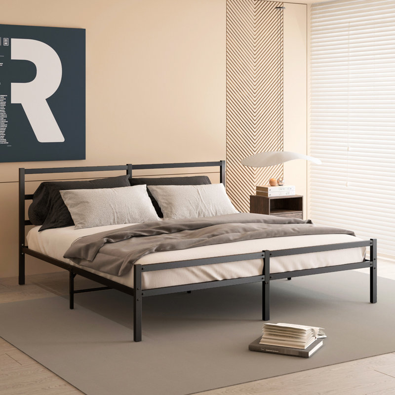 Structure de lit plateforme en métal avec tête de lit pour très grand lit, métal, sans sommier, sommeil paisible, soutien maximal de 660 lb - garantie de résistance, nuit de sommeil silencieuse, look moderne exquis