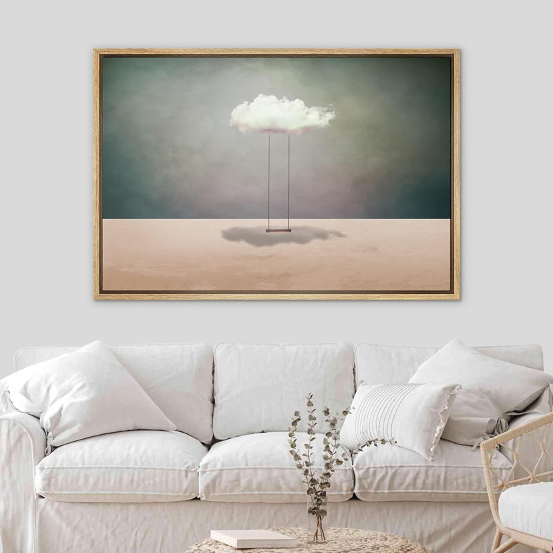 Whimsical Desert Surreal Cloud Swing Desert Framed On Canvas Print, 16" H x 24" W x 1.5" D, Natural