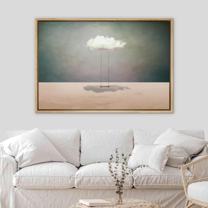 Whimsical Desert Surreal Cloud Swing Desert Framed On Canvas Print, 24" H x 36" W x 1.5" D, Natural