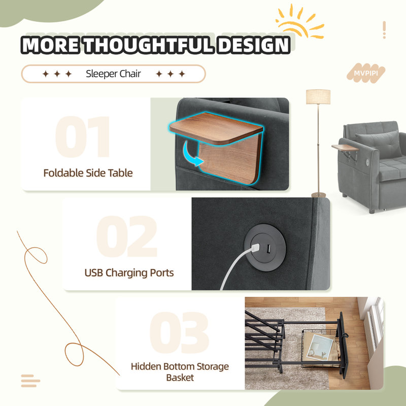 Convertible Sleeper Chair – Extra Long 90" Pull Out Chair Bed For Adults With Wing Table, USB Charging & Bottom Storage, Space-Saving 4 In 1 Single Sofa Bed Chairs For Living Room