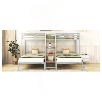 Metal Twin over Twin & Twin Bunk Bed, Triple Bunk Bed with Storage Shelves Staircase