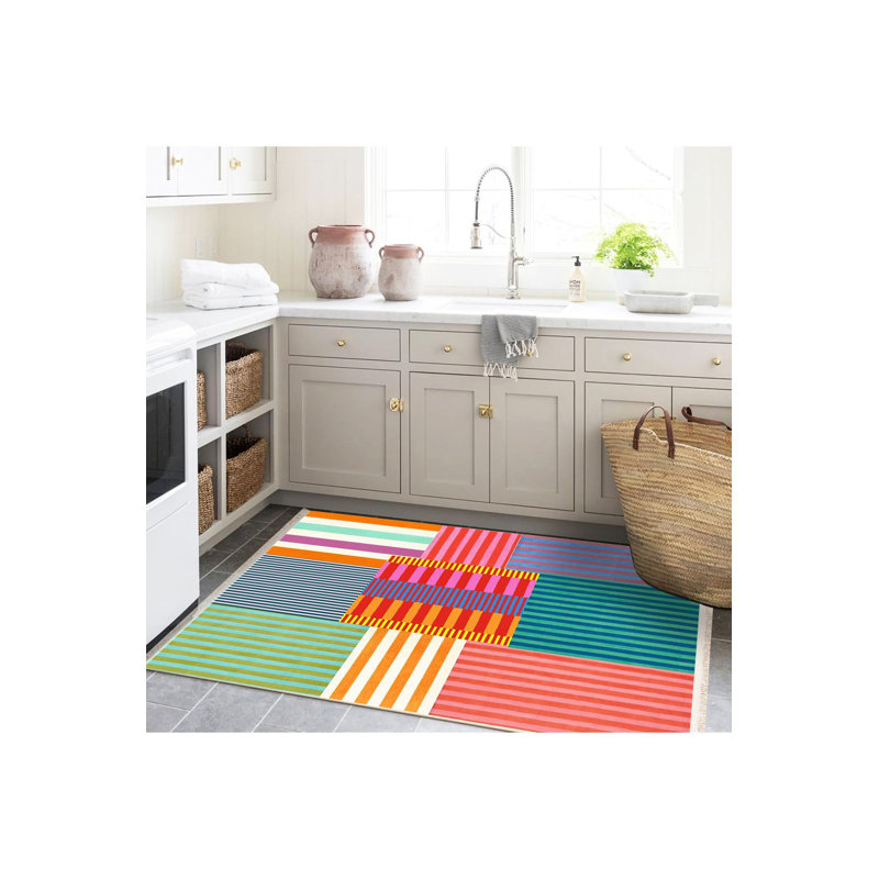 Tapis décoratif multicolore à lignes tissées créatives, Runner 3'3" x 6'7" Rug Pad Included