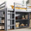 Lit mezzanine simple gris avec bureau polyvalent et bureau optimisé en bois d'hévéa-333407489