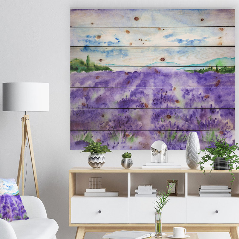 Champ de lavande - reproduction de peinture à l'aquarelle, H 36 po x l 46 po x P 0,78 po, Bois