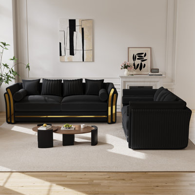 2-Piece Velvet Sofa Set with Double-Layer Gold Accent Arms