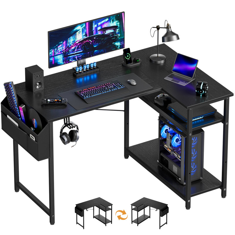 L-Shaped Metal Base Computer Desk, Black